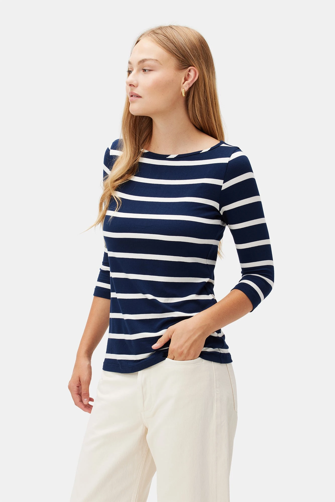 Francoise 3/4 Sleeve Dream Knit Tee - Ivory Navy Rugby Stripe 4 Francoise 3/4 Sleeve Dream Knit Tee - Ivory Navy Rugby Stripe - Image 2