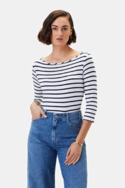 Francoise 3/4 Sleeve Dream Knit Tee - Marine Stripe