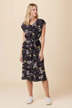 Cindra Washable Silk Midi Dress - French Jardin Black