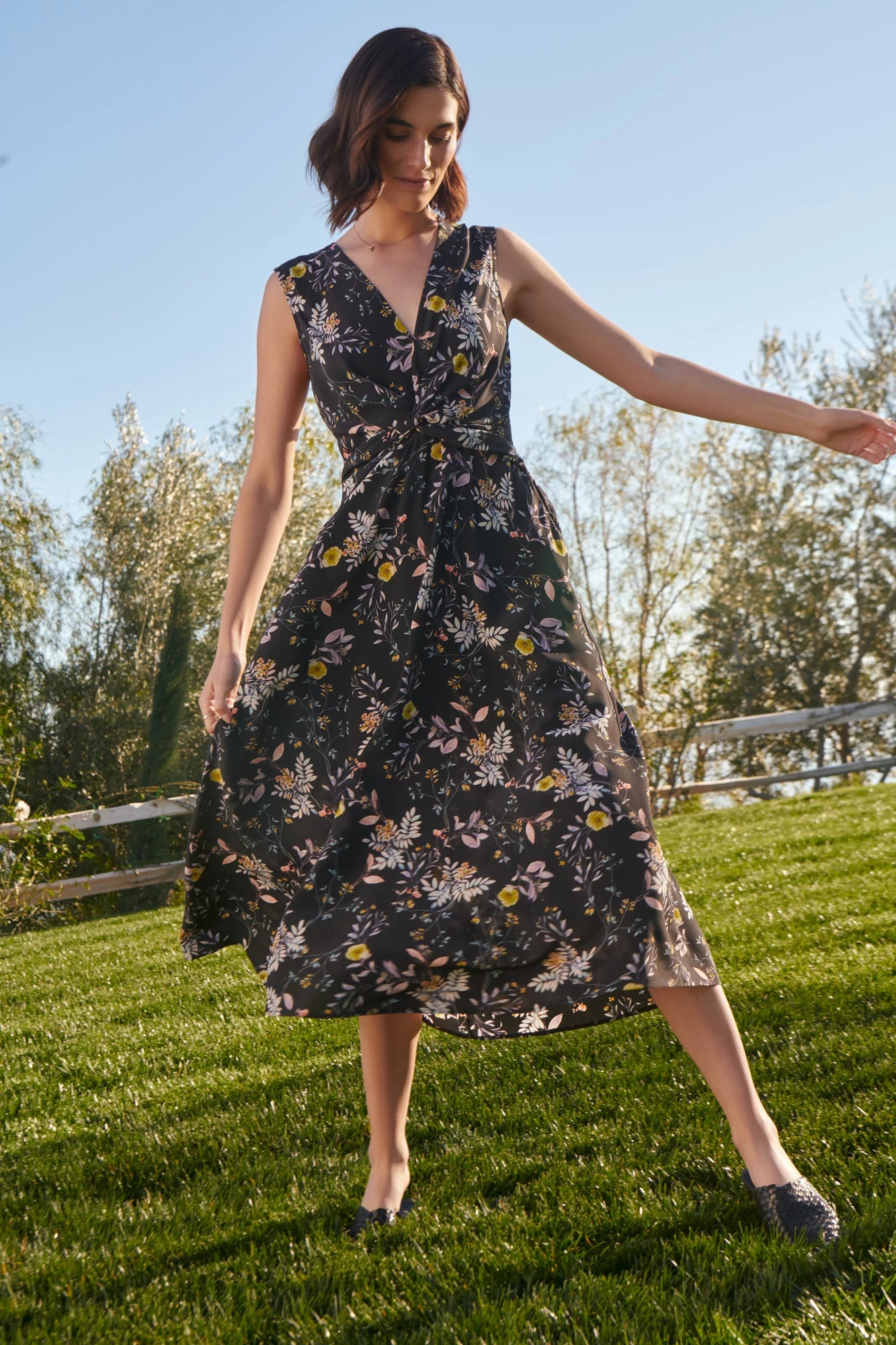 Olive Washable Silk Midi Dress - French Jardin Black 3 Olive Washable Silk Midi Dress - French Jardin Black