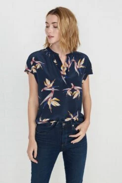 Renata Washable Silk Blouse - Navy Bird Of Paradise Print